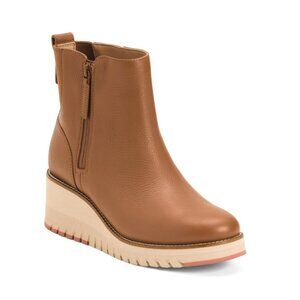 COLE HAAN British Tan Leather Waterproof Zerogrand City Wedge Side Zip Booties